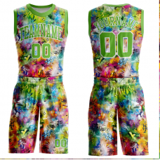 CUSTOM GRAFFITI PATTERN NEON GREEN-WHITE ROUND NECK SUBLIMATION BASKETBALL SUIT 